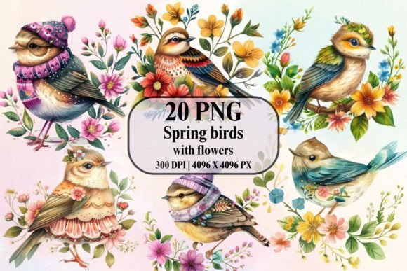 Download Cute Spring Birds with Flowers - Premium Bundle